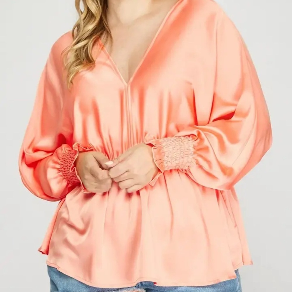 She + Sky Coral Blouse with Smocked Sleeves